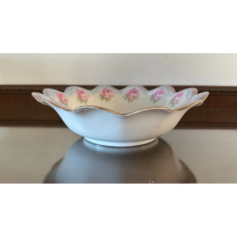 Antique Double Back Stamped MZ Austria & Habsburg BT Co. Floral Ruffle Bowl 11''
